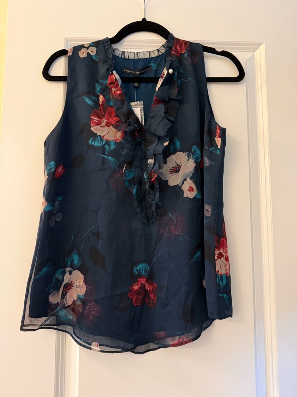 White House Black Market Teal Floral Ruffle V-Neck Sleeveless